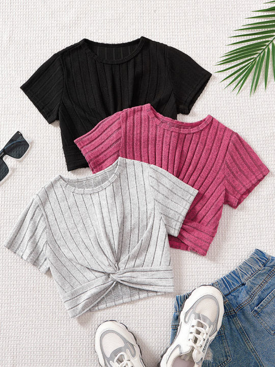 Spring/Summer Girl Big Boy Girl Casual Cute Solid Color Round Neck Short Sleeve Three Piece Set