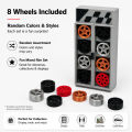 1:64 Scale Wheel Cabinet Set with 8 Random Wheels, Mini Diecast Car Rim Storage Display Rack, Garage Diorama Accessory. 