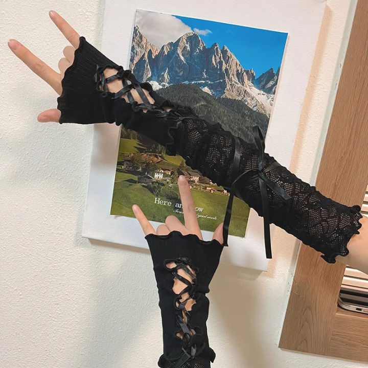 Women%20Lolita%20Jk%20Lace%20Fingerless%20Gloves%20Black%20Gothic%20DIY%20Strapping%20Sunscreen%20Sleeve%20Clothing%20Accessories%20Elastic%20Mesh%20Punk%20Gloves%20-%20Image%204