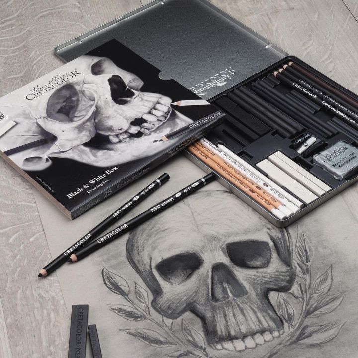 Cretacolor Black & White Charcoal Drawing Set of 25 Pcs In Tin Box