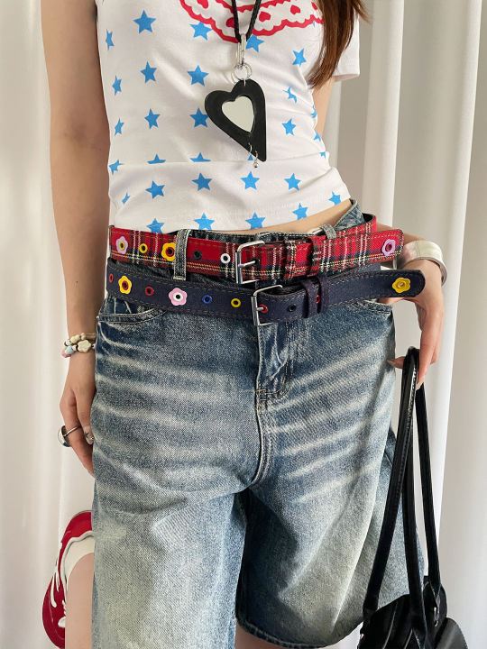 Y2k%20Dopamine%20Floral%20Red%20Plaid%20Waist%20Belt%20For%20Women%20Summer%202025%20New%20Sweet%20Cool%20Hot%20Girl%20Denim%20Blue%20Belt%20-%20Image%203