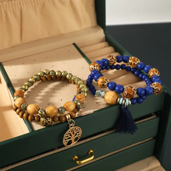 New%204pcs%20Vintage%20Bracelet%20Ladies%20Light%20Luxury%20Style%20Multi%20Color%20System%20Stone%20Tassel%20Multi%20Layer%20Beads%20Leaf%20Pendant%20Jewelry%20-%20Image%205