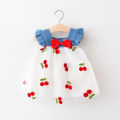 Summer Girl Dress Denim Fly Sleeved Bow Cute Cherry Colored Mesh Princess Dress Suitable for Babies Aged 0-3. 
