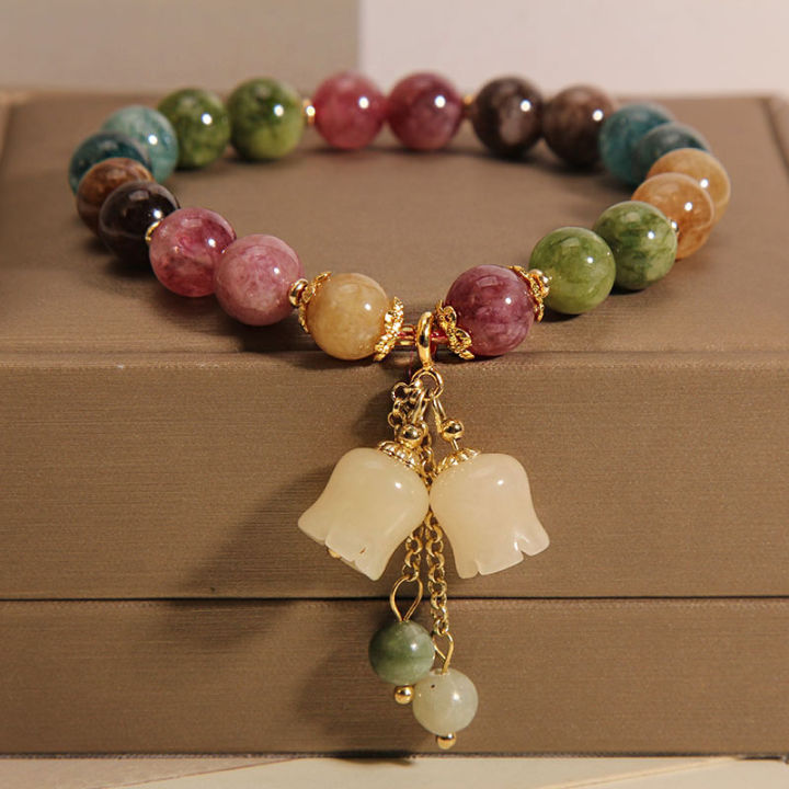 Fashion Natural Stone Beaded Bracelet for Women Lily of the Valley Flower Pendant Tassel Chain Bracelets Girl Party Jewelry