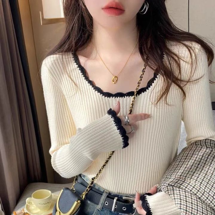 2026 Women Long Sleeve Slim Soft Tops Autumn Winter Square Neck Knitted Pullovers Casual Versatile Color Blocking Sweater