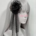 Gothic Lolita Lace Headband with Rose Flower Pearl Tassel Black White Frilled Headdress for Women Cosplay Party Hair Accessories.