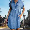 Women Denim Shirt Dresses Short Sleeve Distressed Jean Dress Button Down Casual Tunic Top. 
