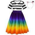 Cartoon Girls Princess Clothing Rainbow Print Cat Striped Dress With Headband Halloween Cosplay Birthday Party Clothes 3-8 Year.