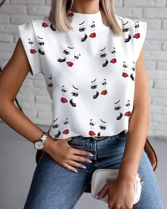 Summer%20simple%20small%20stand-up%20collar%20lip%20print%20women's%20elegant%20shirt%20top%20women's%20clothing%20-%20Image%202