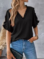 Women's Summer Tops 2025 Dressy Casual Petal Short Sleeve V Neck T Shirts Trendy Tunic Blouses Cute Tees Clothes. 