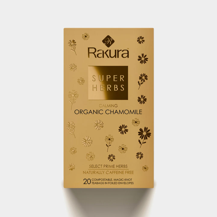 Rakura Calming Organic Chamomile 20TB | Prime Super Herbs | Caffeine Free | Next Gen Magic Knot Teabag - No Plastic, Bleach & Glue | Home Compostable