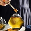 Hexagonal Glass Honey Bottle Wooden Stirring Rod Honey Packaging Bottle 220ML/380ML Small Honey Bottle Container Honey Jar. 