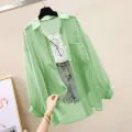 Turn-Down Neck Long Sleeve See-through Thin Shirt And Blouses Loose Women Clothing Casual Solid OL Top 2024 Lady Trend Simple. 