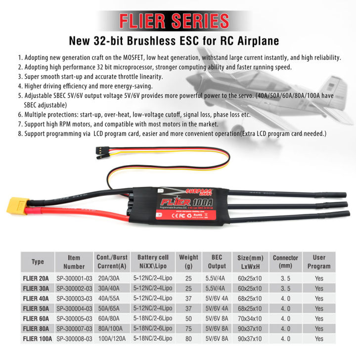 SURPASS%20HOBBY%20Flier%2020A%2030A%2040A%2050A%2060A%2080A%20100A%20Brushless%20ESC%20Speed%20Controller%20with%20BEC%202-6S%20for%20RC%20Airplanes%20Helicopter%20-%20Image%203