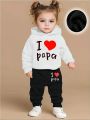 Newborn Baby Girl I LOVE Papa Long Sleeve Fleece Hoodie + Casual Sports Pants Set Letter Heart Pattern Baby Outfit. 