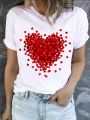 Heart Print T-Shirt For Valentine's Day Gifts, Crew Neck Short Sleeve T-Shirt, Casual Every Day Tops, Women's Clothing. 