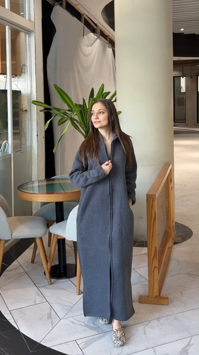 Long Zipper Hoodie Winter Fleece Abaya for Women | Modest Modern Muslim Hijab Wear | Winter Long Coat Jacket