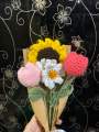 Crochet sunflower tulip daisy with complementary khaaki wrapping with a note / crochet bouquet. 