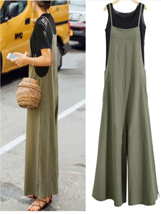 Women's%20Summer%20Sleeveless%20Jumpsuit%20Solid%20Color%20Wide%20Leg%20Bib%20Overalls%20Casual%20Loose%20Cotton%20Linen%20Straps%20Dungaree%20-%20Image%206