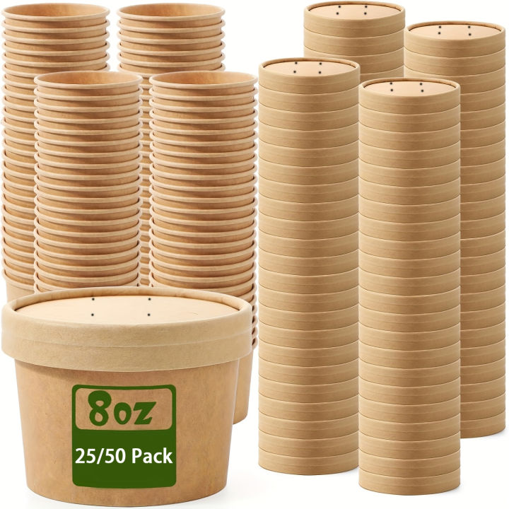 25/50 Pack 235ml/8oz Paper Soup Containers with Lids Disposable Food Containers Kraft Ice Cream Bowls Soup Cup Ice Cream Cups