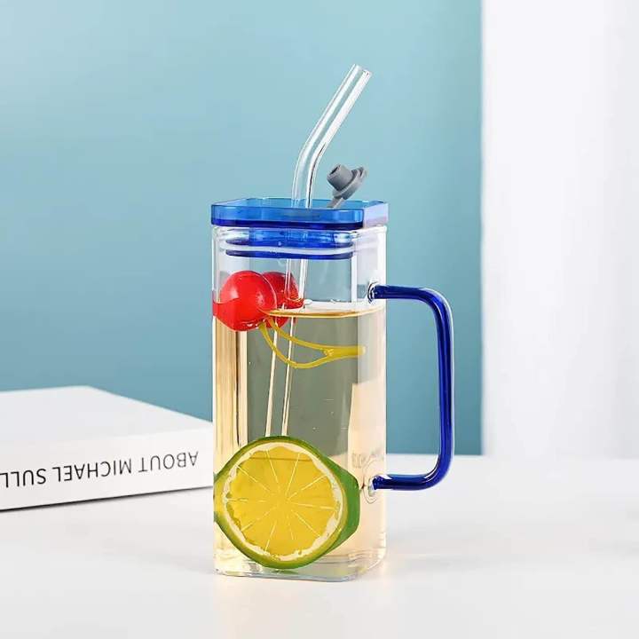 Crystal sip 400ml Glass Tumbler with Acrylic Lid & Glass Straw