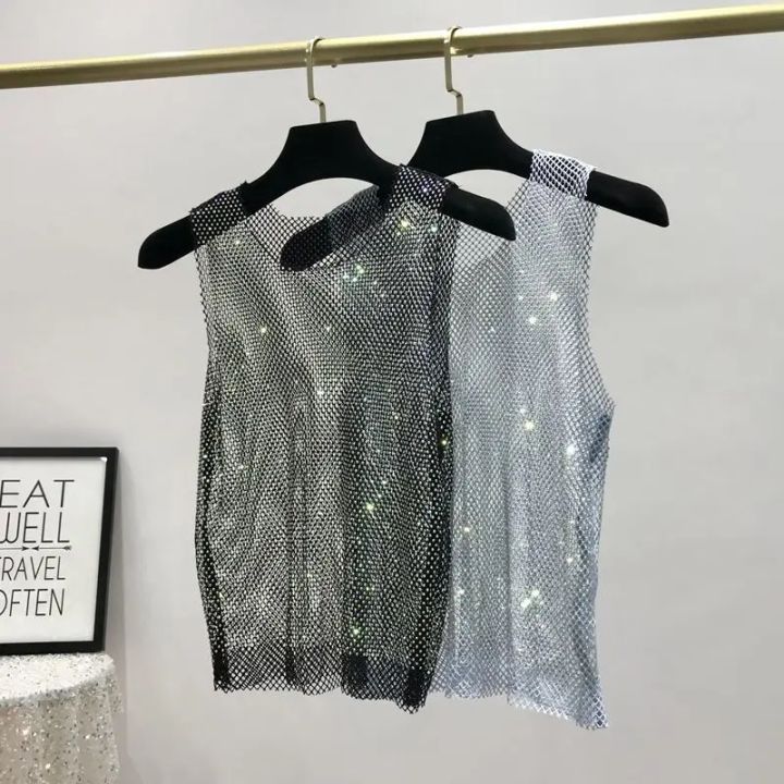 Y2k%20Hot%20Girl%20Vest%20Summer%20New%20Style%20Bright%20Hollow%20Hot%20Diamond%20Bling%20Top%20Super%20Fairy%20Thin%20Net%20Shirt%20Women's%20Trend%20-%20Image%202