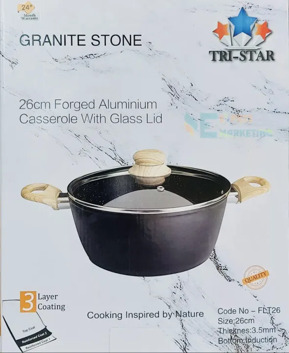 Granite%20Coating%20Forged%20Aluminum%20Non%20Stick%20Casserole%20with%20Glass%20Lid%2026/28%20cm%20with%20Bakelite%20Wood%20Effect%20Handle,%20Prime%20Quality%20Cookware%20induction%20cooker%20-%20Image%203