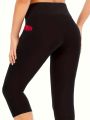 Plus Size Women Casual High Waist With Pockets Yoga Workout Capri Leggings. 