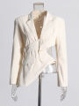 TWOTWINSTYLE Solid Hollow Out Backless Slimming Blazers For Women Notched Collar Long Sleeve Spliced Button Blazer Female New. 