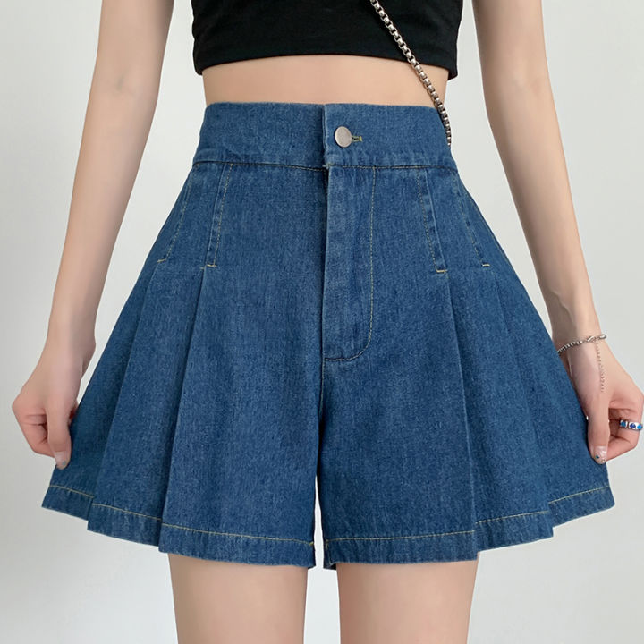 DFRCAEG%202024%20Summer%20Plus%20Size%20Denim%20Shorts%20For%20Women%20High%20Elastic%20Waist%20Blue%20Or%20Sky%20Blue%20Pleated%20Mini%20Large%20Size%20Short%20Femme%20-%20Image%203