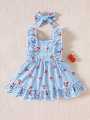 2-piece set of newborn baby girl pink cartoon strawberry plaid printed dress, cute, sweet, fresh bow headband, 0-3 months old, s.