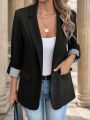 2025 Women's Slim Fit Casual Button Blazer European Style Roll Up 7-Pt Sleeve Trendy Suit Jacket. 