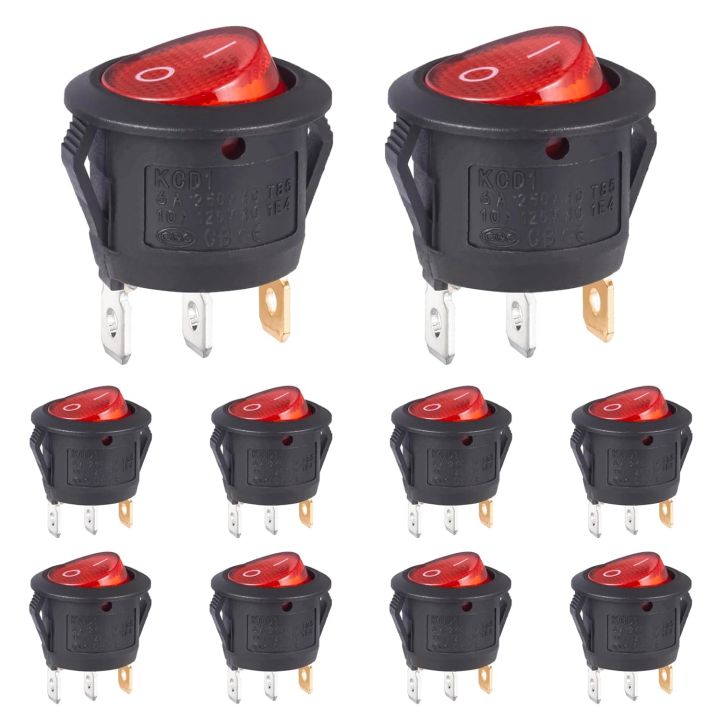 10pcs Round Rocker Switch Red Light Illuminated On Off 3 Pin 2 Position ...