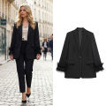 Willshela Women Fashion Satin Black With Feather Blazer Jacket Vintage Notched Neck Single Button Long Sleeves Female Outfits.