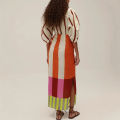VEITCHE Summer Women Linen Material Long Dresses Fashion Chic Print  V-neck Hollow Out High Waist Party Dress Lady Robes. 