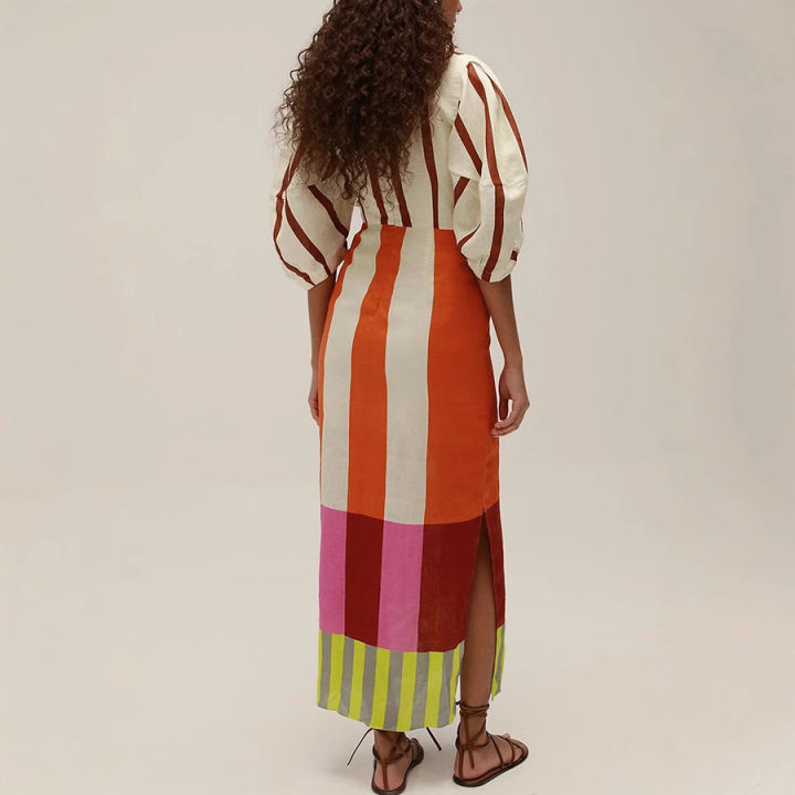VEITCHE%20Summer%20Women%20Linen%20Material%20Long%20Dresses%20Fashion%20Chic%20Print%20%20V-neck%20Hollow%20Out%20High%20Waist%20Party%20Dress%20Lady%20Robes%20-%20Image%203