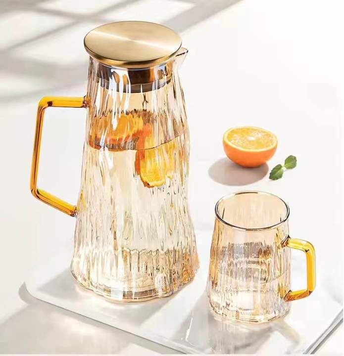 Luxury Hammered Glass Water Pitcher with Gold Tone Handle & Lid Modern Heat Resistant Iced Tea Juice & Sangria Decanter by Carpets Galaxy