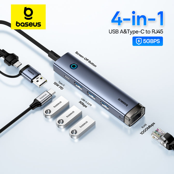 Baseus USB Hub Type-C USB-A Adapter to USB 3.0 5Gbps Data Transfer RJ45 Gigabit Ethernet 4-in-1 Docking Station Hub for MacBook