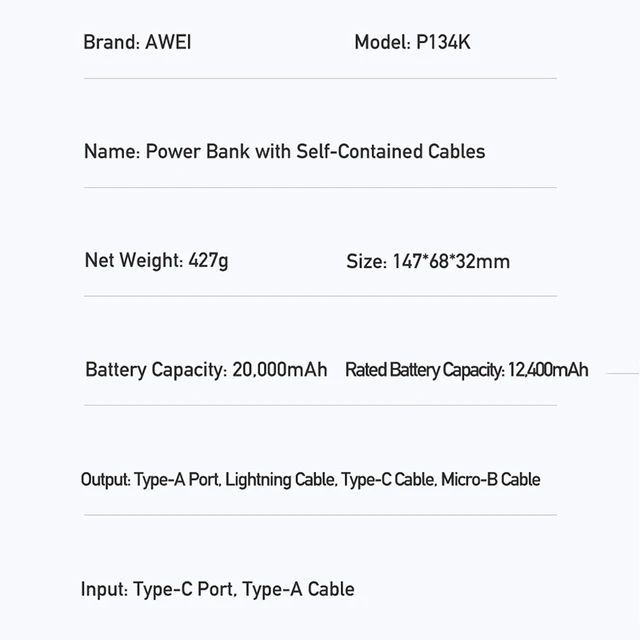 Awei%20P134K%204%20in%201%20Portable%20Power%20Bank%2020000mAh%20With%20Type-C/Lightning/Micro%20Cable%20Powerbank%20For%20iOS&Android%20-%20Image%209