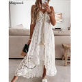 Summer New Lace Sling Big Swing Solid Color Long Skirt Dress Spring V-neck Sleeveless Beach Dresses Casual Chain Link Dress. 