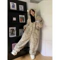 Leopard Hooded Pajamas Animal Kigurumi Unicorn Adult Onesies for Women Winter Sleepwear Flannel Pochets Overall Sets Slippers. 