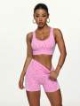 High waisted and belly hugging leopard print yoga set for women, lifting hips and tight fitting for external wear, running peach. 
