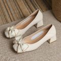 2024 Women 5cm High Heels Elegant Valentine Pumps Female Square Toe Block High Heels Lady Sweet Ribbon Bowknots Barefoot Shoes. 