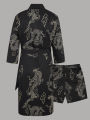 Men's Chinese Style "Dragon Dance" Print Robe Set Black Open Front Belted Kimono & Shorts 2 Piece Streetwear. 