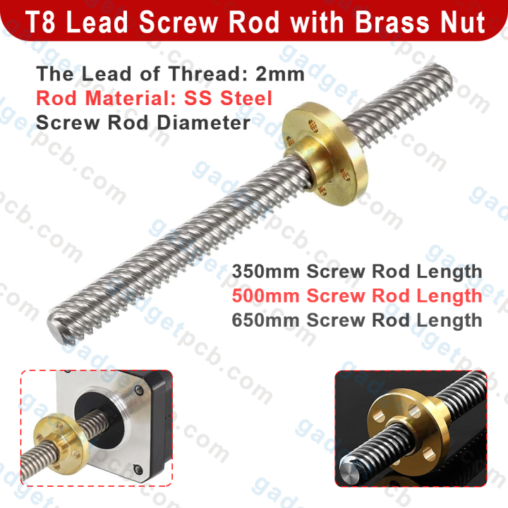 T8 Lead Screw Rod with Brass Nut 350mm 500mm 650mm Length 8mm Screw Rod Rod Diameter Thread, 2mm Pitch Trapezoidal Thread for 3D Printer Stepper Motor CNC Machine Parts