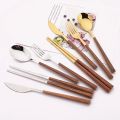 4/12/16Pcs Mirror Gold Cutlery Set Chopsticks Knife Fork Spoon Set Imitation Wooden Handle Korean Dinnerware Luxury Tableware. 