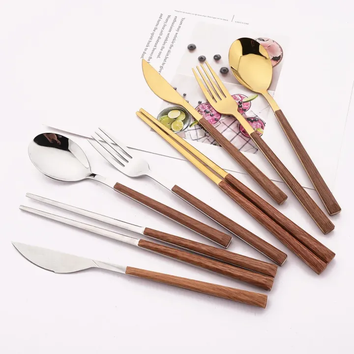 4/12/16Pcs%20Mirror%20Gold%20Cutlery%20Set%20Chopsticks%20Knife%20Fork%20Spoon%20Set%20Imitation%20Wooden%20Handle%20Korean%20Dinnerware%20Luxury%20Tableware%20-%20Image%206