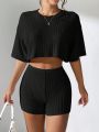 Women's Spring and Summer Fashion Short Crew Neck T-Shirt Top Shorts Two-piece Set Women's Womens Two Peice Sets. 