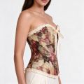 Women Overbust Corset Vintage Floral Tapestry Halloween Costume Sweetheart Front Busk Ruffle Back Lace Up Boned Waist Cincher. 