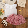 2pc/Set Girls' Suit Summer Bow And Plaid Lace Trim Short Sleeve Casual Toddler Girl Clothes Cute Simple Children Clothes. 